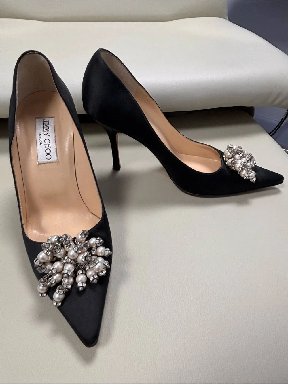 Jimmy Choo Black Pearl-Embellished Pointed Toe Pumps Size 7.5